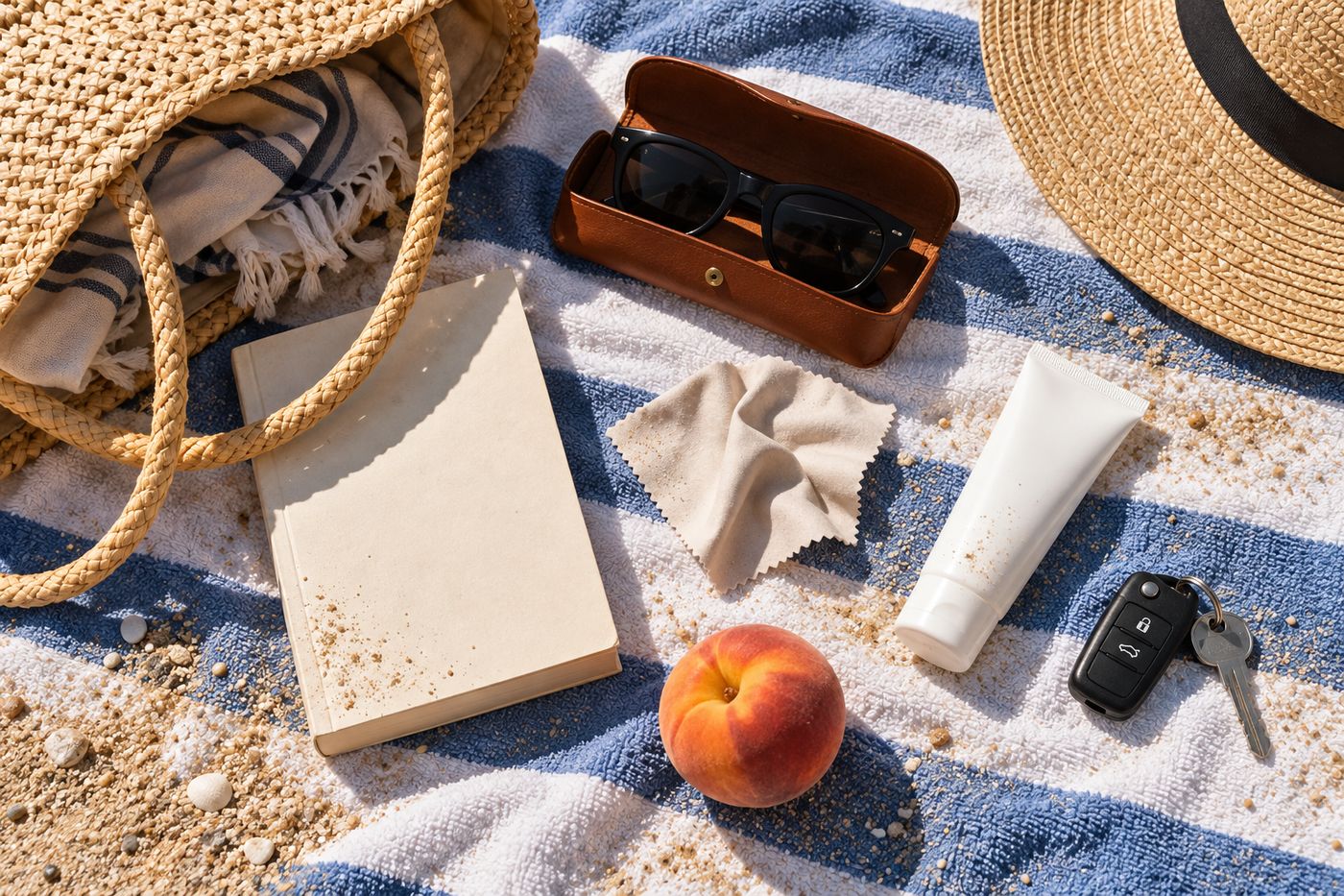Bolsa de playa con gafas de sol en su funda, gamuza y crema solar
