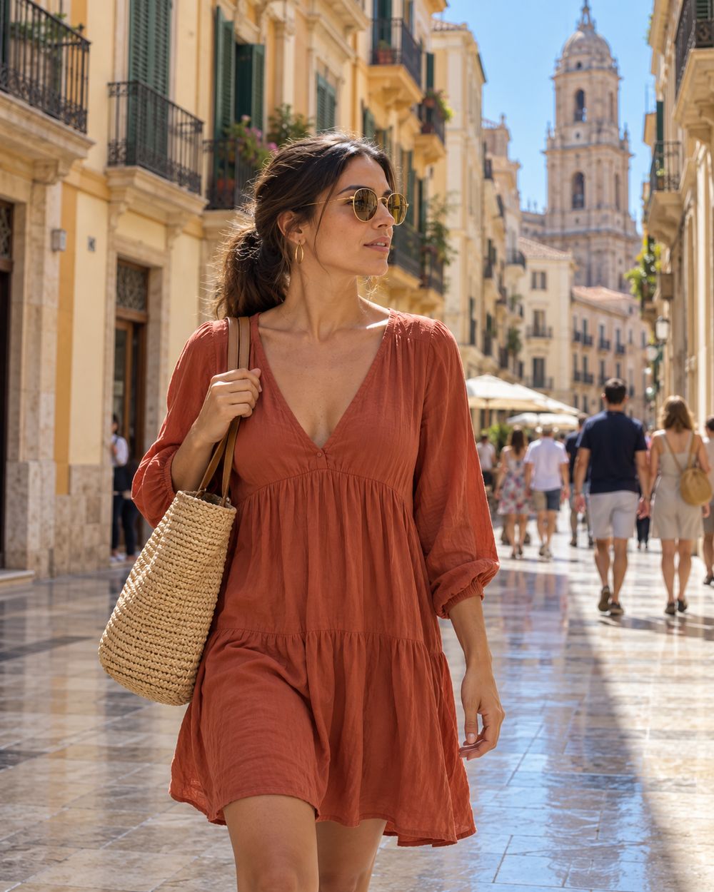 Mujer paseando por el centro de Málaga con las gafas Mojácar de espejo dorado