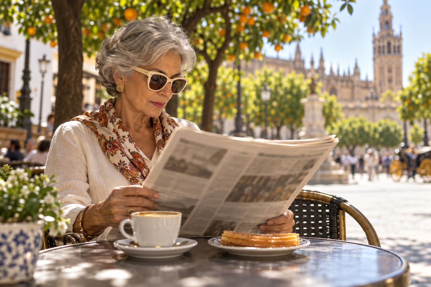 Señora leyendo el periódico en una terraza de Sevilla con gafas marfil