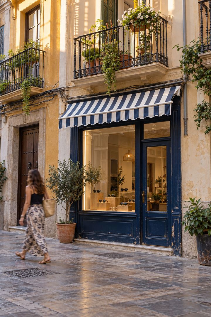 Fachada de la tienda Laveta con toldo de rayas azules en calle Strachan