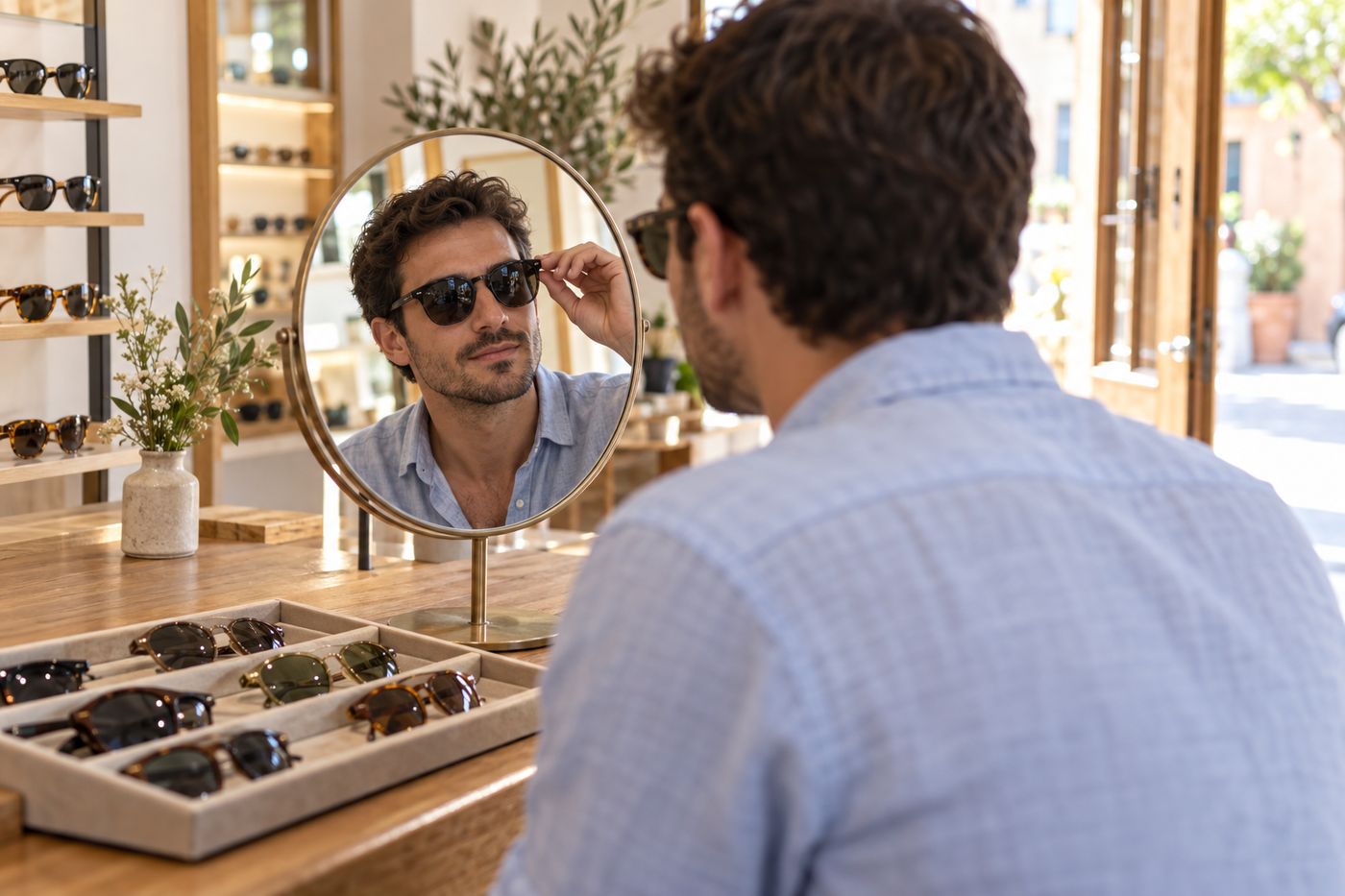 Cliente probándose gafas de sol frente al espejo de la tienda